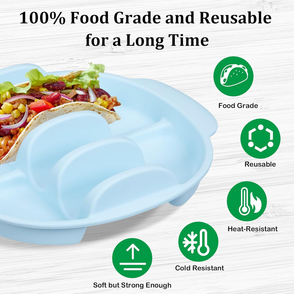 Silicone Taco Holder Plates, BicycleStore 2 Pack Taco Serving Tray with Handle, 11.8"X9.8" Non-Slip Taco Shell Holders Stand Rack with Dividers, Reusable Taco Bar Supplies Dishwasher & Microwave Safe