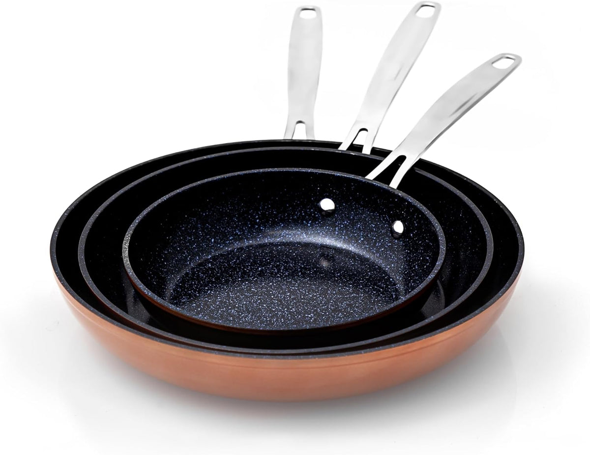 Nuwave 3-Piece Fry Pan Set, 8”, 10”, 12” Forged Lightweight, G10 Healthy Duralon Blue Ceramic Ultra Non-Stick, Induction-Ready & Works on All Cooktops, Ergonomic Stay-Cool Handles