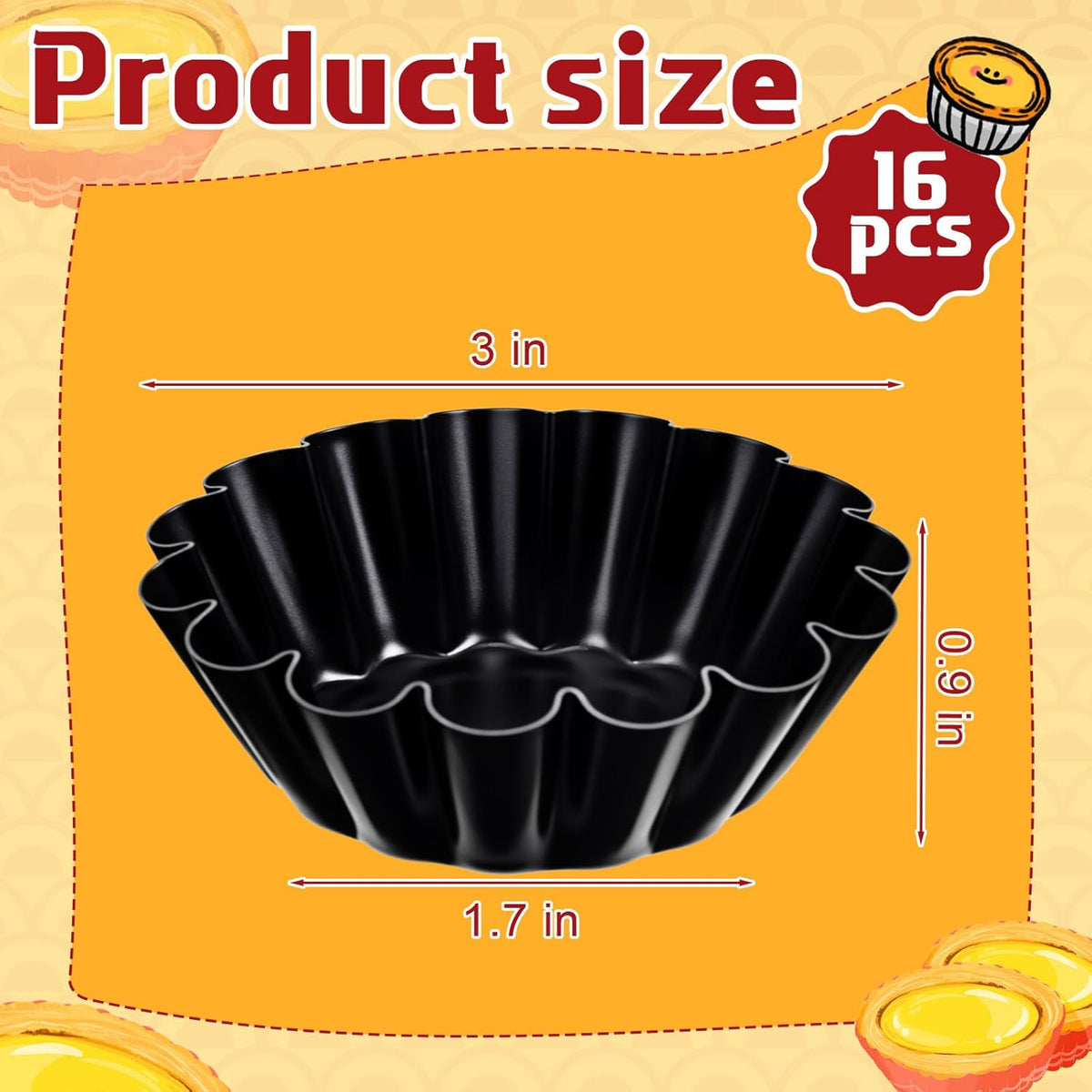 LemonRoad 16 Pcs Egg Tart Molds, Non-stick Carbon Steel Tart Pans, Mini Pie Moulds, Muffin Cupcake Pudding Baking Cup Maker - for Pies, Chinese Egg Tarts, Cakes(3 Inch)