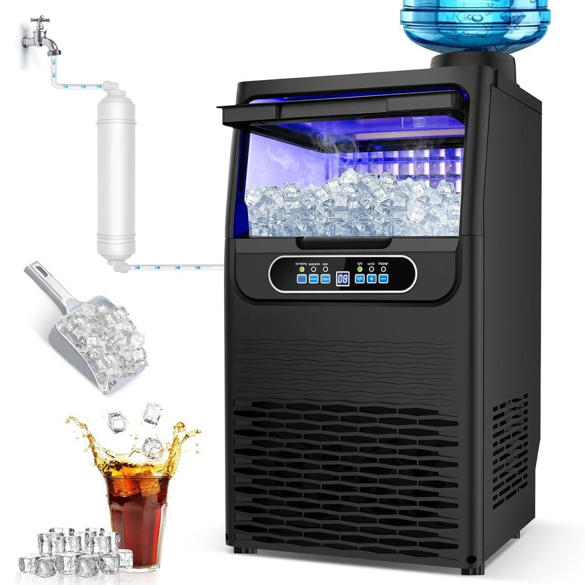 Black Commercial Ice Maker Machine 100LBS/24H with 20LBS Storage Bin, 36PCS 15" Wide Undercounter/Freestanding Ice Maker Machine for Home Bar Outdoor, Gallon Water & Facuet Water Inlet, Self Cleaning