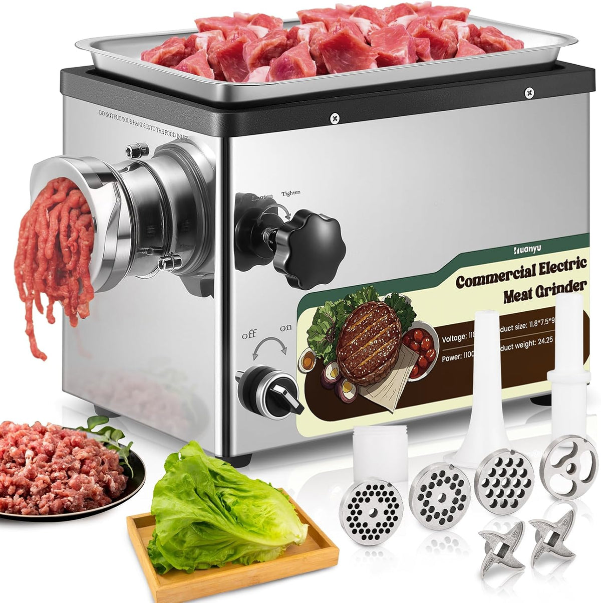 Huanyu Electric Meat Grinder 1100W Stainless Steel Meat Grinder Heavy Duty with 2 Blades 4 Plates Commercial Grinders for Restaurants, Butcher Shops 110V 1.5HP
