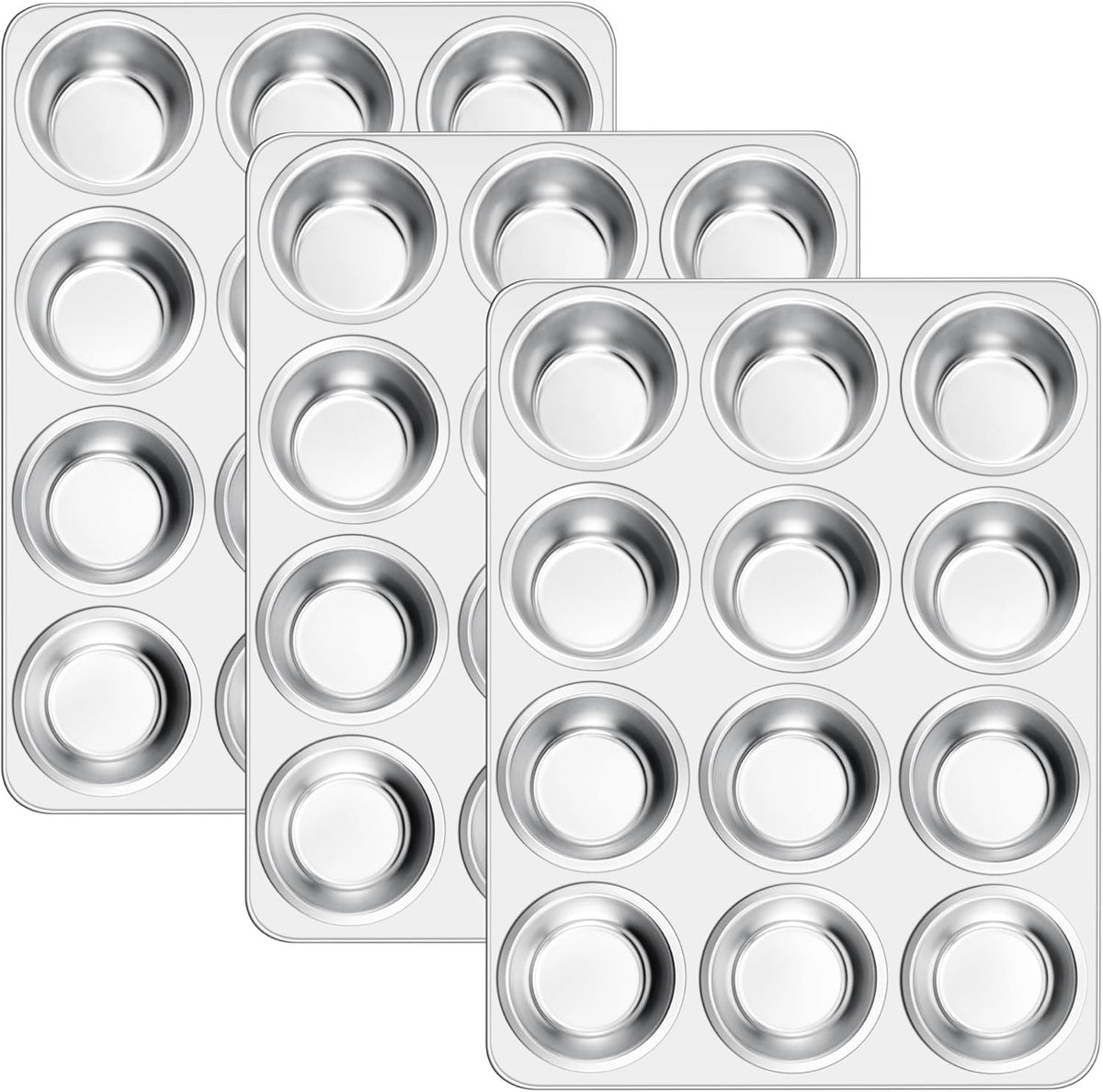 E-far 12-Cup Muffin Pan Set of 3, Stainless Steel Cupcake Pan Tins, Non-Toxic Metal Cupcake Tray for Baking Small Muffin Cakes, Heavy Duty & Regular Size, Rust Free & Dishwasher Safe