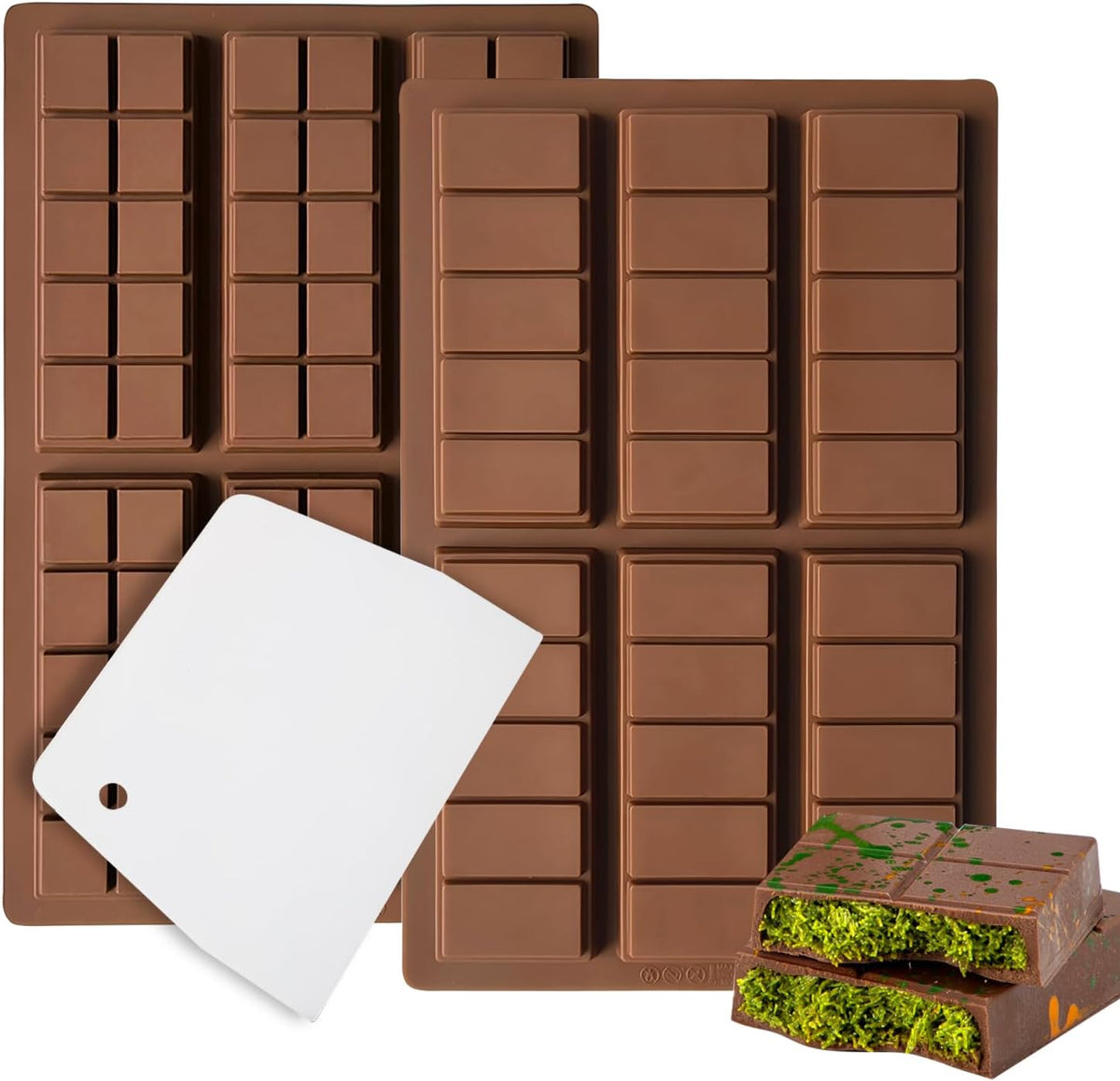 2 Pack Chocolate Bar Mold Deep for Stuffed Bar, Non-Stick Thick Chocolate Molds, Silicone Chocolate Candy Molds for Knafeh Pistachio Chocolate Bar, Candy, DIY Handmade Gifts (5 Snap+10 Snap)