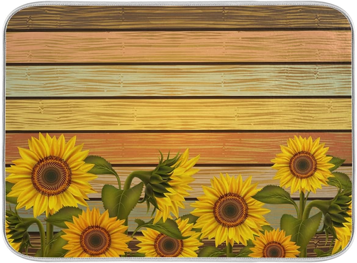 Super Absorbent Dish Drying Mat, Microfiber Fast-Drying Dish Mat, 24" x 18", Kitchen Dish Drying Pad, Sunflower On Wooden Board Vintage