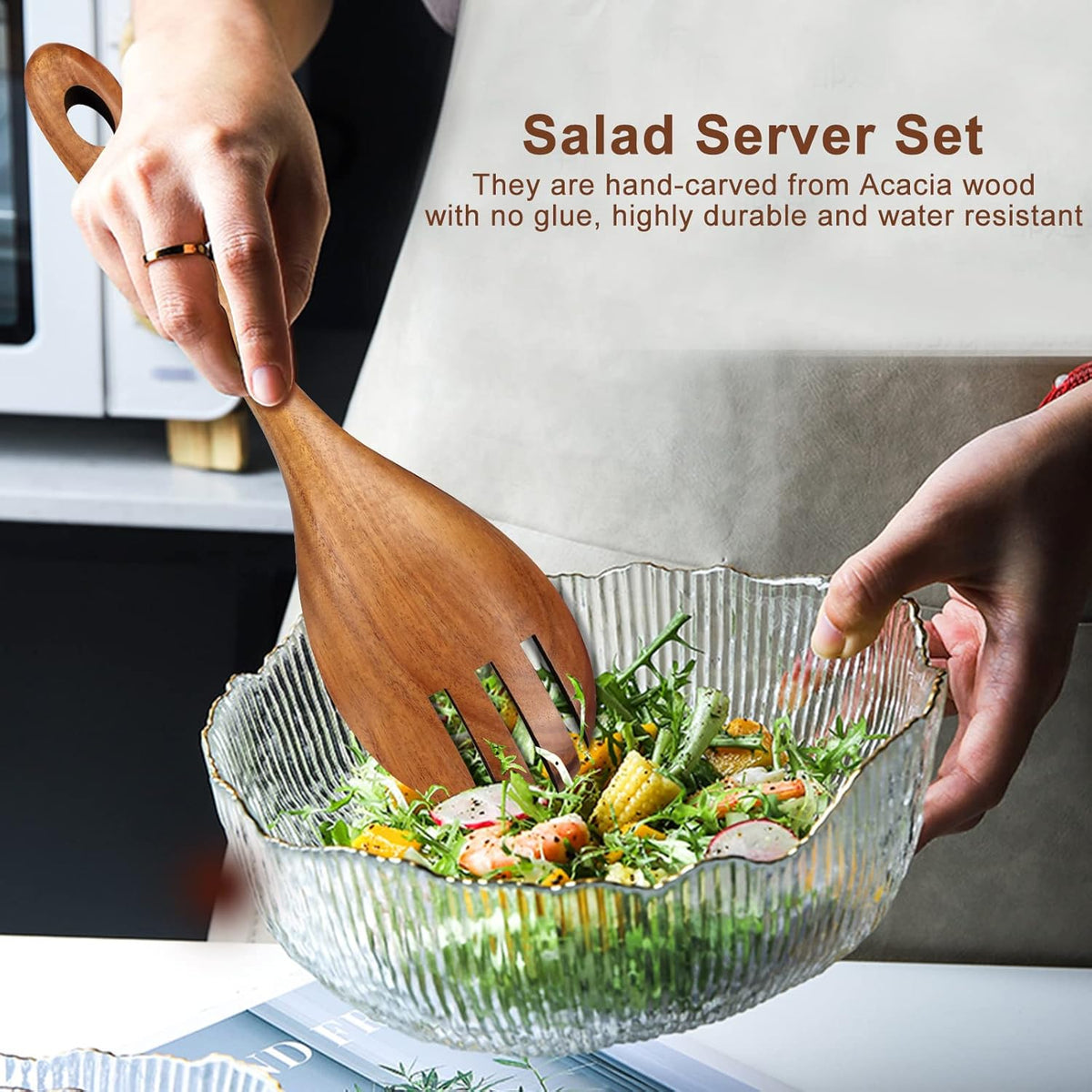 Wooden Salad Tongs Mixing Spoon Wood Salad Servers Serving Utensils 10" Salad Fork and Spoon Kitchen Salad Serving Spoons