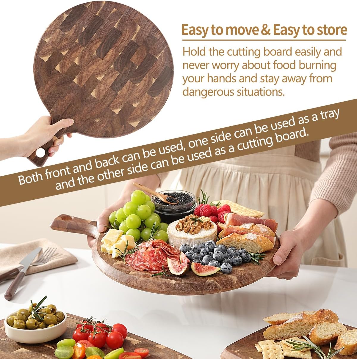 XINZUO Acacia Wood End-Grain Round Cutting Board with Handle for Kitchen Bread Pizza Cheese Fruit Charcuterie Serving Cutting Board, Two-sided Use, 16.7 x 12.5 x 0.75 inches