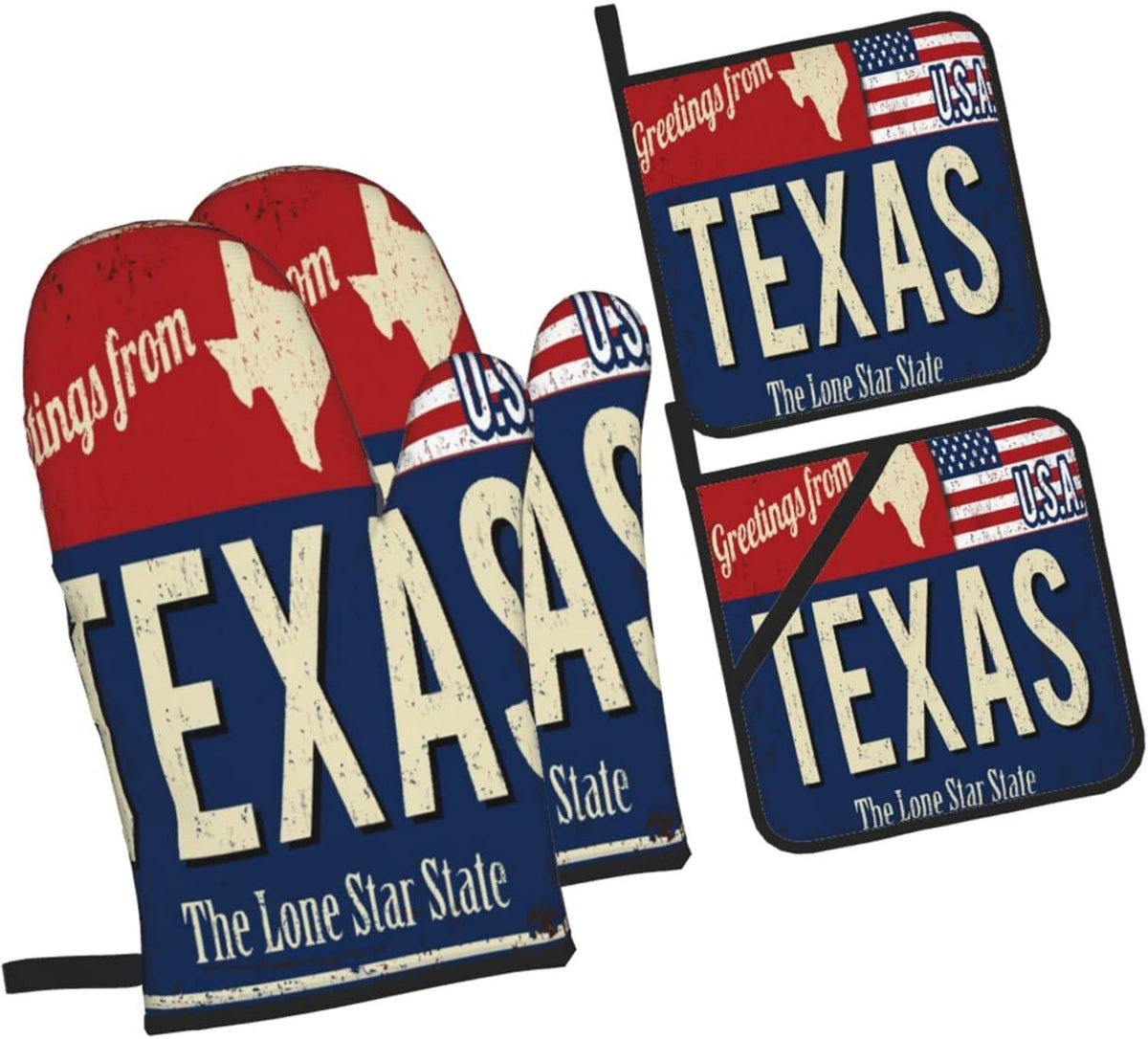 Oven Mitts and Pot Holders Sets of 4,Texas Lone Star State Retro US,Oven Mitts Heat Resistant Oven Gloves Set Potholders for Kitchen Baking Grilling