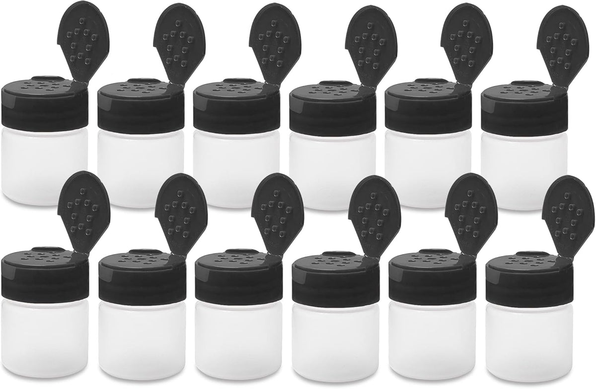 ljdeals 1 oz Plastic Spice Jars with Black Flip & Sift Caps – 12 Pack Empty Spice Bottles for Herbs, Seasonings, Powders, Camping, Travel, Kitchen, Restaurant Use – BPA-Free, Recyclable, Made in USA