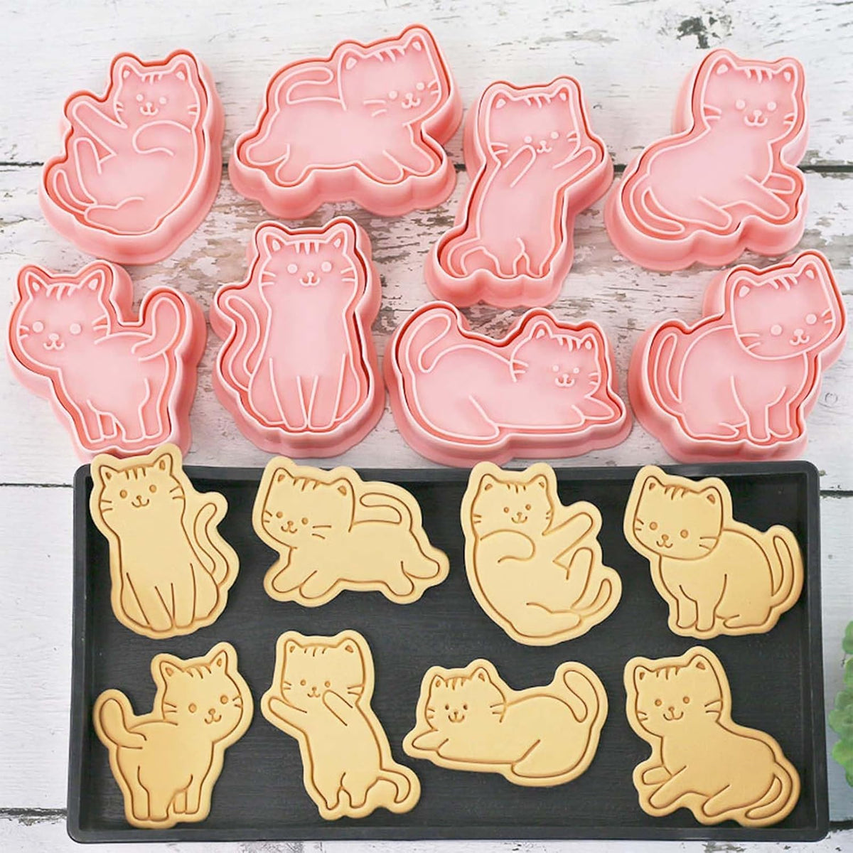 8pc 3D Cute Cat Cookie Stamps, Cupcake Pancake Apple Pie Pastry Biscuit Molds, Fruit & Sandwich Cutter Set for Cat Party Decorations