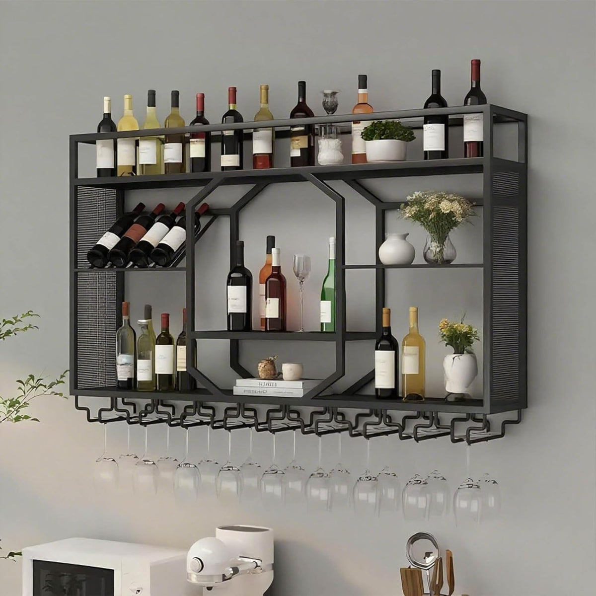 Wall Mounted Wine Rack, 3-Tiers Metal Bar Bottle Holder, Modern Wine Glass Storage Display Shelves, Wall Wine Rack for Kitchen Bar Dining Rooms Decoration ﻿(Black, 47.24in/120cm)