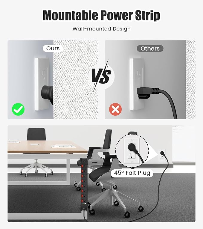 Heavy Duty Power Strip with Individual Switches,8 Outlets 14 Gauge Industrial Shop Garage Metal Multiple Outlets,1200J Surge Protector Mountable Power Strip,15FT Extension Cord Management (Black)