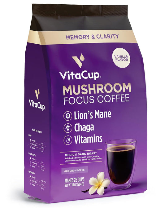 VitaCup Focus Mushroom Coffee Grounds, Vanilla Flavored Coffee with Lions Mane, Chaga, B Vitamins, D3, Boost Focus, Immunity, Memory & Clarity, Medium Dark Roast, 100% Arabica Specialty, 10oz