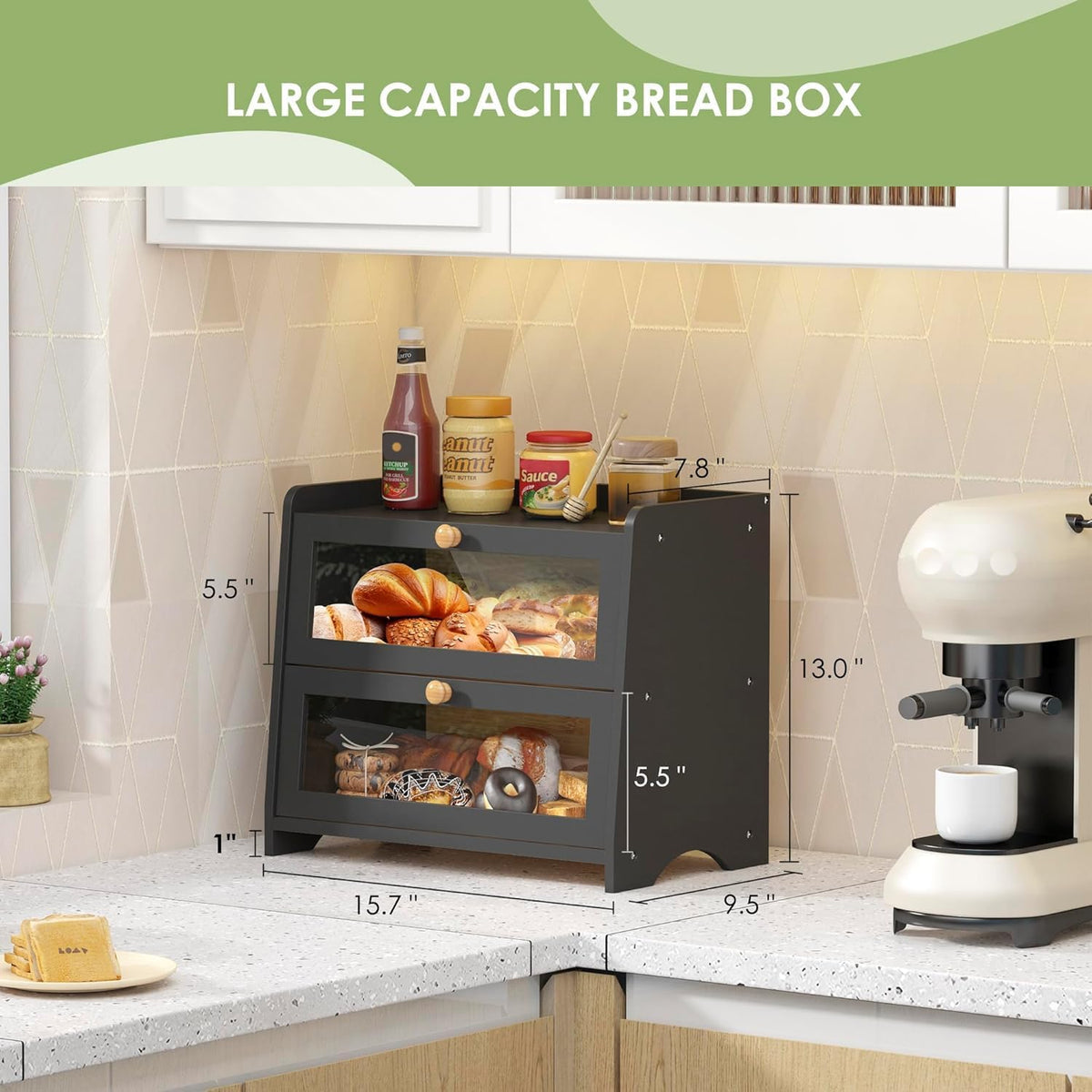 Double Layer Bread Box for Kitchen Countertop, Large Breadbox Bread with Windows, Wooden Farmhouse Bread Holder (Black)
