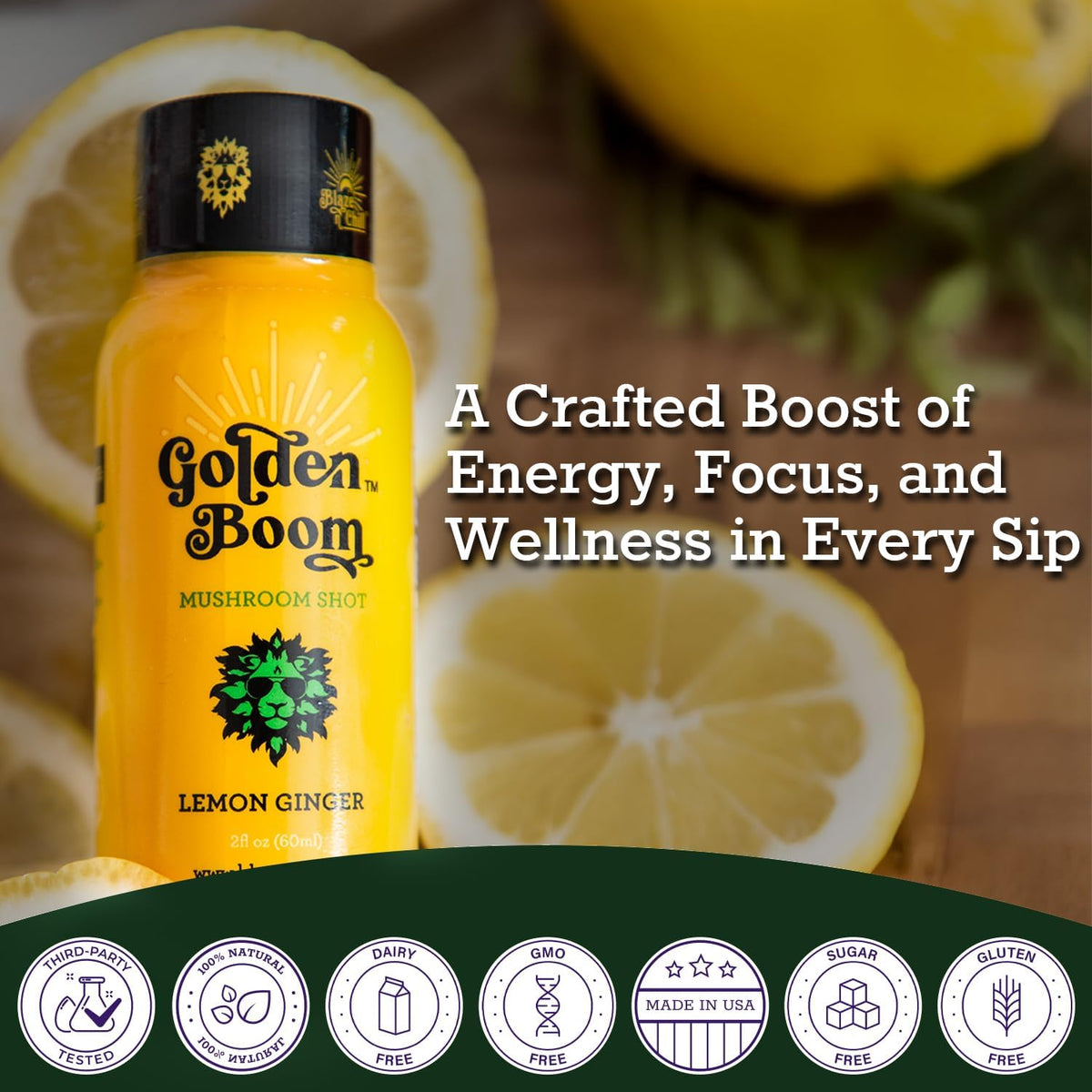 Blaze n Chill Golden Boom Mushroom Shot – Focus & Endurance Drink with Lion's Mane, Cordyceps, B-12 & Ginseng – Natural Mushrooms - Lemon Ginger (2fl oz, 6 Pack)