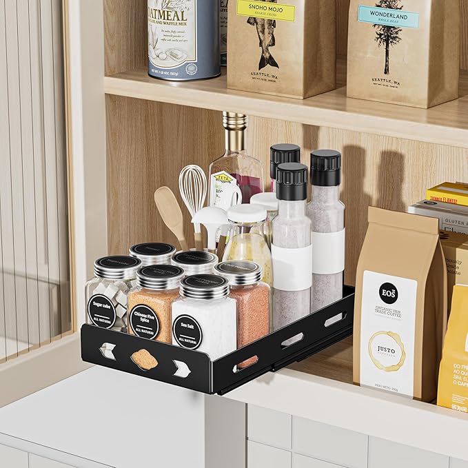 Pull Out Spice Rack Organizer for Cabinet, Heavy Duty-Slide Out Spice Rack, Vertical Spice Rack for Kitchen Cabinet and Pantry (6.3''Wx10.5''Dx2.8''H, Metal Black)