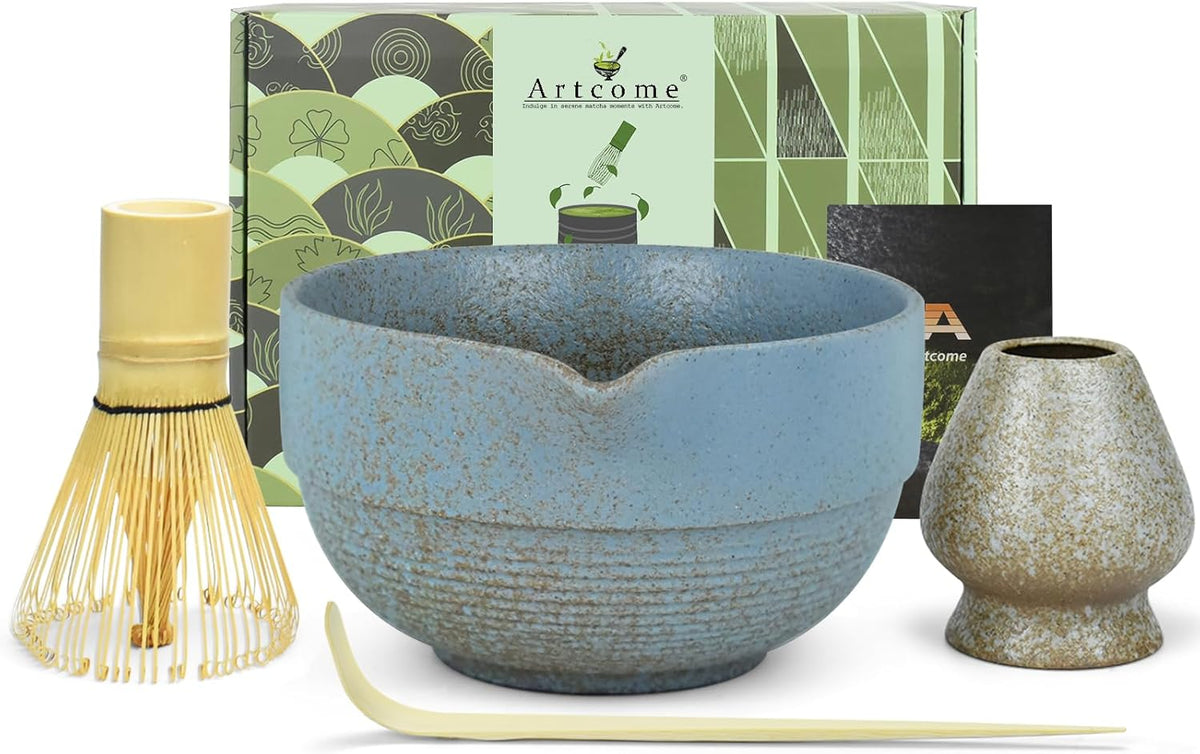 Artcome Premium Matcha Tea Set - 17oz Handcrafted Ceramic Bowl with Blue Reactive Glaze, Bamboo Whisk, Scoop, Whisk Holder & Brewing Guide - Japanese Tea Ceremony Tools for Perfect Matcha Preparation