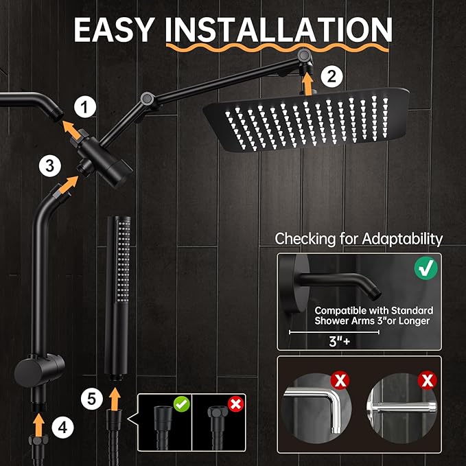 Veken 10" Luxurious All Metal Rain Shower Head with Handheld Spray Combo, High Pressure Rainfall Square Shower Heads with Extension Arm, Wide Dual Showerhead, Bathroom Accessories, Matte Black