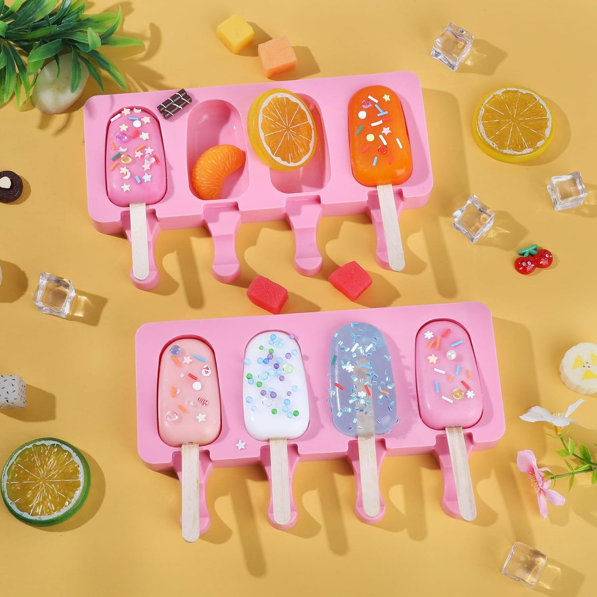 Ouddy Life Popsicle Molds Set of 2, Ice Pop Molds Silicone 4 Cavities Ice Cream Mold Oval Cake Pop Mold with 50 Wooden Sticks for DIY Popsicle (Pink)