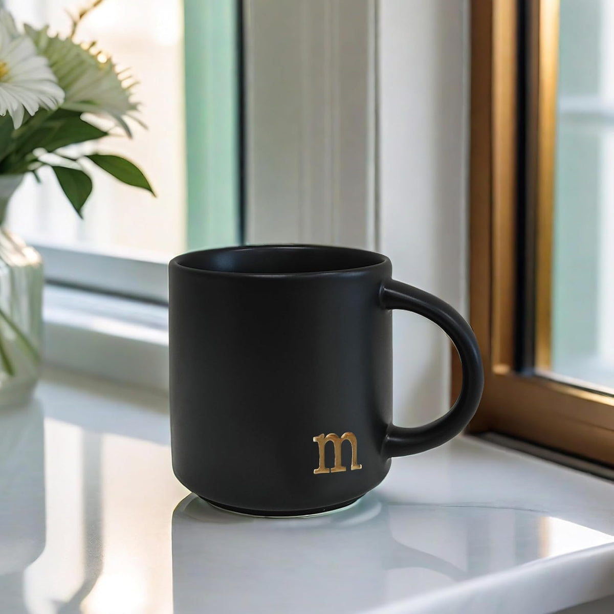 COLLECTIVE HOME - Black Monogram Ceramic Mugs, 15 oz Golden Initial Coffee Cups, Elegant Alphabet Tea Mugs, Personalized Halloween Mug with Gift Box, Perfect for Office and Home Décor (m)
