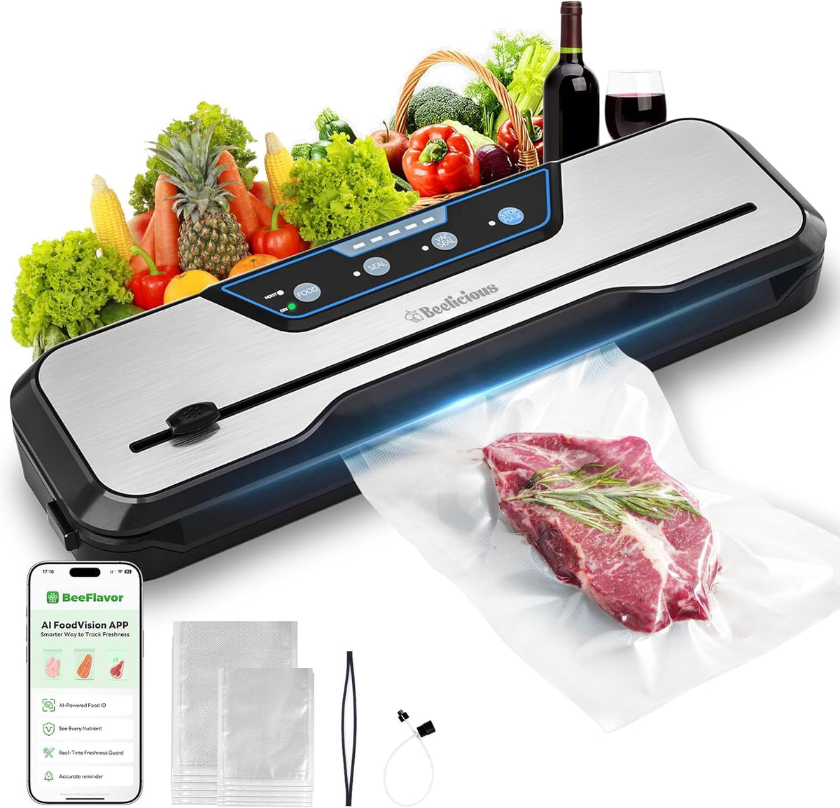 Vacuum Sealer Machine, with Starter Kit and 2-Year Warranty, Beelicious Automatic Air Sealing for Food Storage, Build-in Cutter, Moist Mode, EXT-VAC