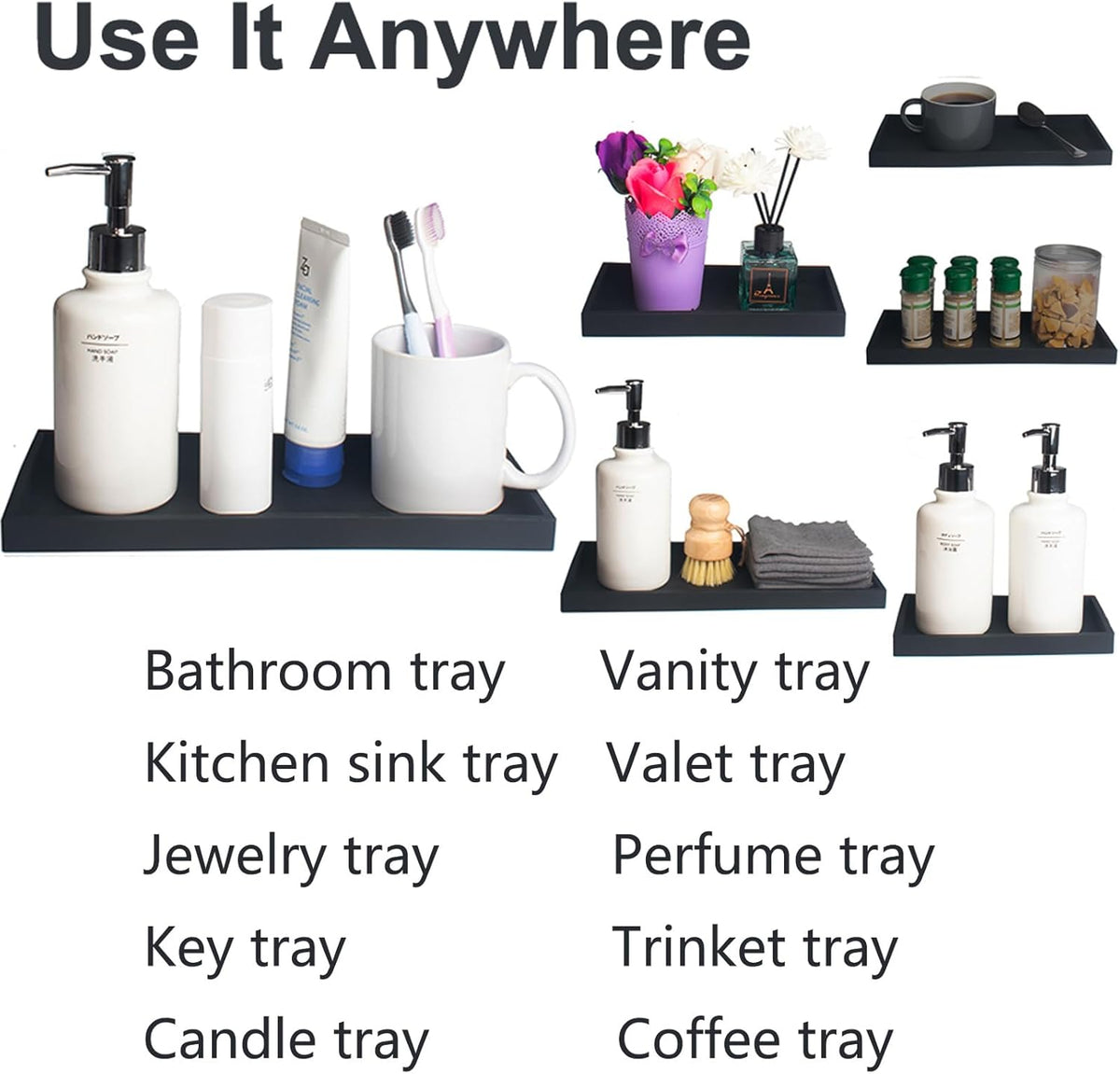 DNC Bathroom Vanity Tray for Counter, 2PC (7.9" +11.8") Silicone Kitchen Sink Soap Tray for Countertop Dish Holder Dispenser Toilet Tank Desk Organizer Black