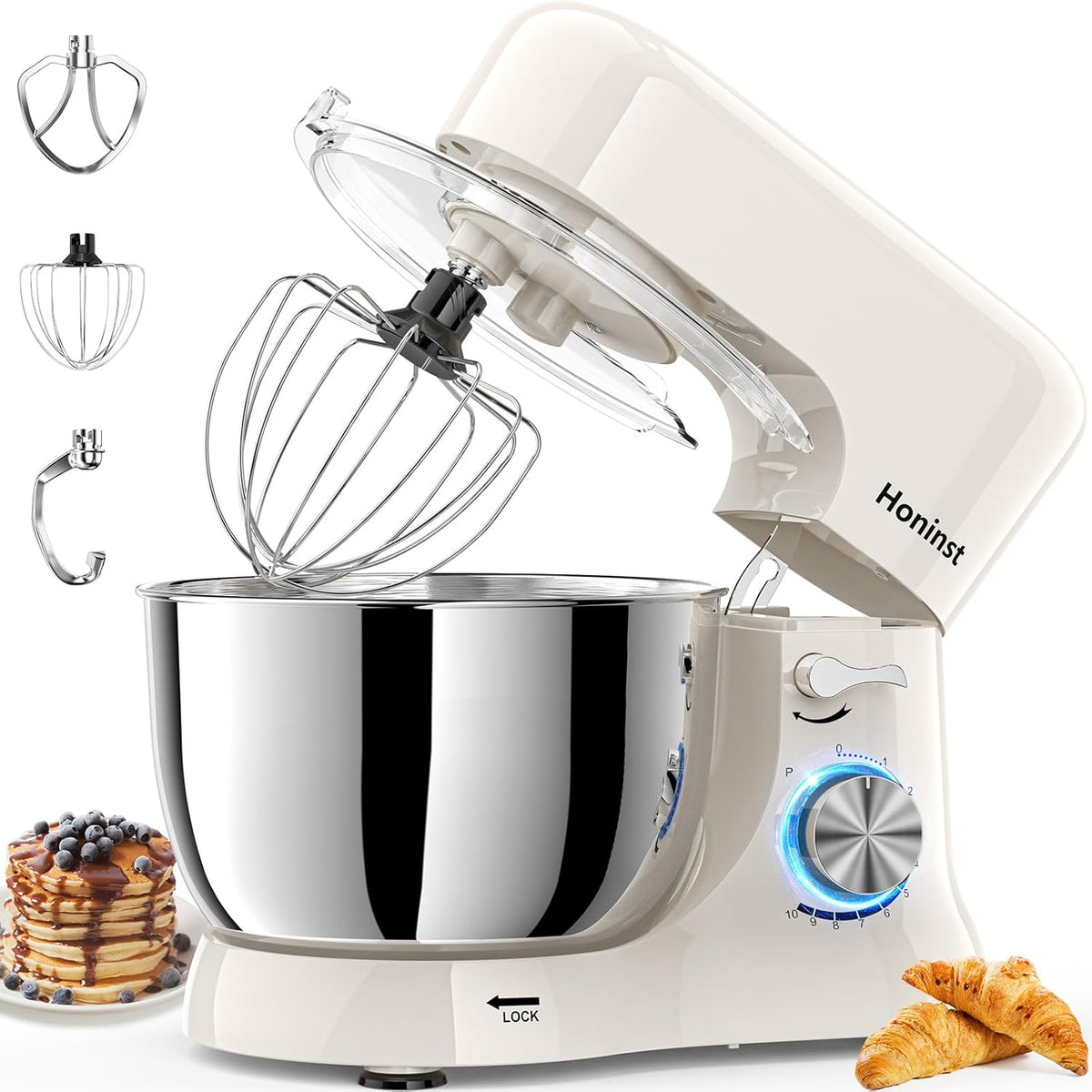 Stand Mixer，3-In-1 10-Speed 660W 5.5QT Tilt-Head Food Mixer， Electric Mixer with Bowl, Dough Hook, Whisk and Beater，Kitchen Mixer for Baking, Cake and Most Home Cooks, Beige