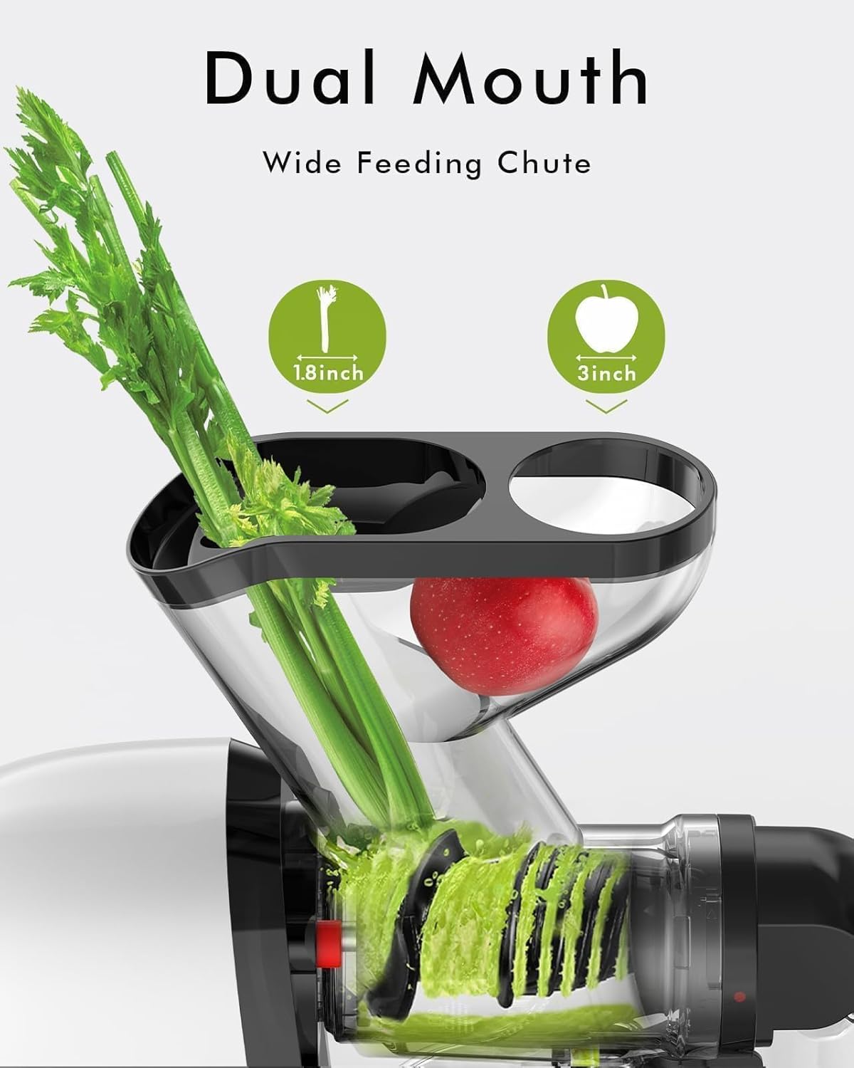 SiFENE Slow Masticating Juicer Machine, Dual 3" Wide Mouth, Anti-Clog Function, Wheatgrass, and Fruit Juice Extractor Maker. Easy to Clean & Non-BPA, White