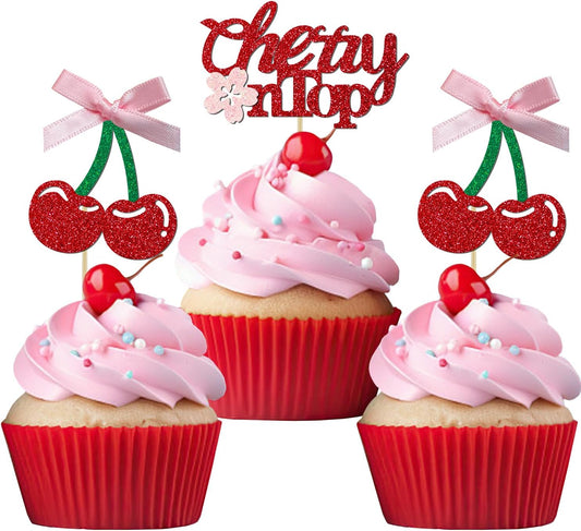 24 Pack She's the Cherry On Top Cupcake Toppers, Glitter Cherry Sweet Cake Pick for Fruits Theme Baby Shower and Bridal Shower Decorations Supplies (Ribbon Top)