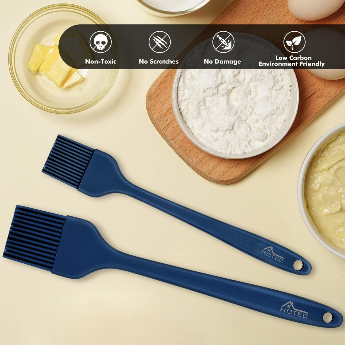 HOTEC 2 pieces Set Basting Brushes Silicone Heat Resistant Pastry Brushes Spread Oil Butter Sauce Marinades for BBQ Grill Barbecue Baking Kitchen Cooking BPA Free Dishwasher Safe (Classic Blue)