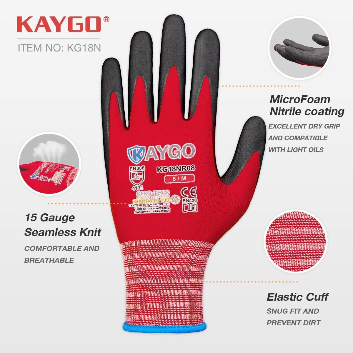 KAYGO Safety Work Gloves MicroFoam Nitrile Coated-3 Pairs, KG18NB,Seamless Knit Nylon Glove with Black Micro-Foam Nitrile Grip,Ideal for General Purpose,Automotive,Home Improvement,Red XX-Large