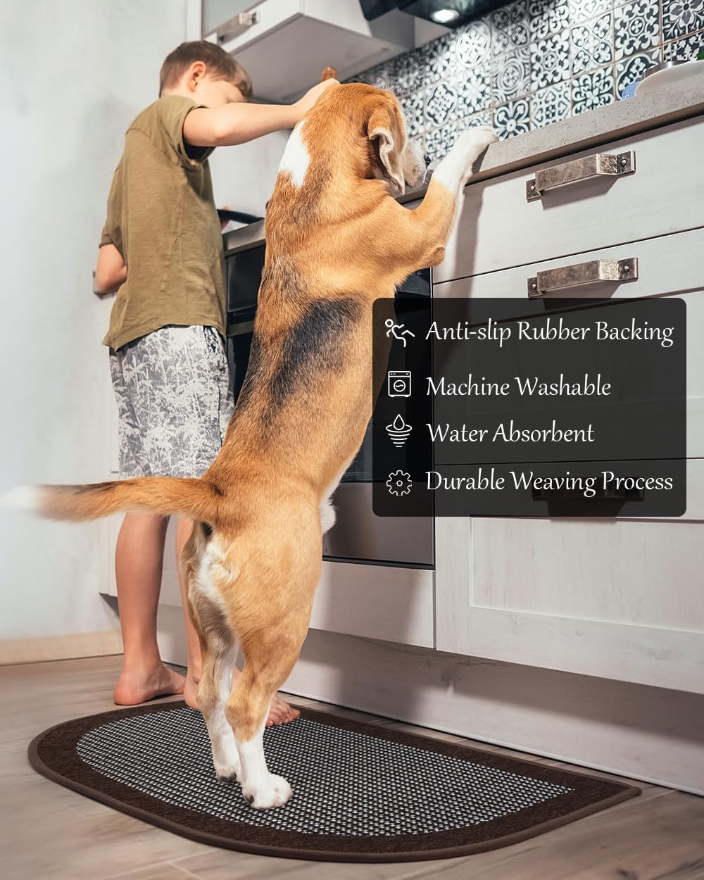PADOOR Kitchen Mats for Floor, Kitchen Rugs Non Slip Washable, Half Circle Kitchen Floor Mat Sink Rug Rubber Backed Super Absorbent, 20”x32” Dark Brown