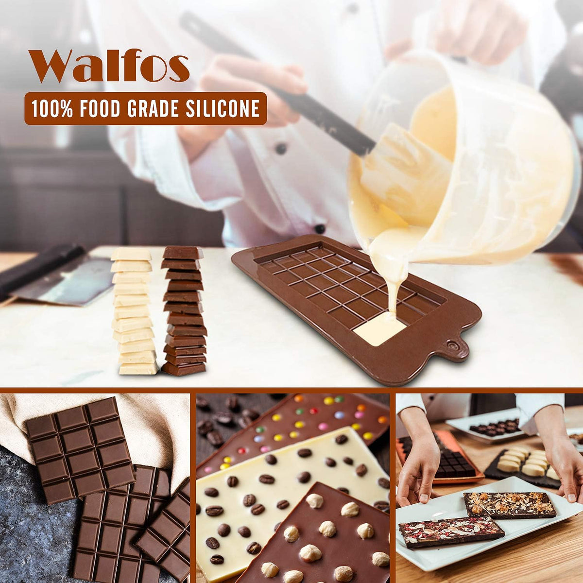 Walfos Break-Apart Chocolate Molds, Non-Stick Silicone Chocolate Bar Mold, Food Grade Candy Bar Mold, Perfect for Energy Bar, Cocoa Mini Bar, Basic Bites, 2 Pack