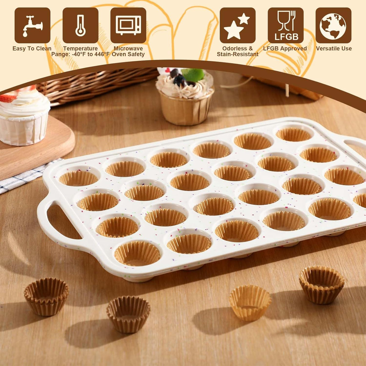2 Silicone Muffin Pans for Baking with 200 Mini Cupcake Liners, Back to School 1st First Day of School Kitchen Dorm Room Bakeware Supplies, Muffin Tin(24-Cup Mini)