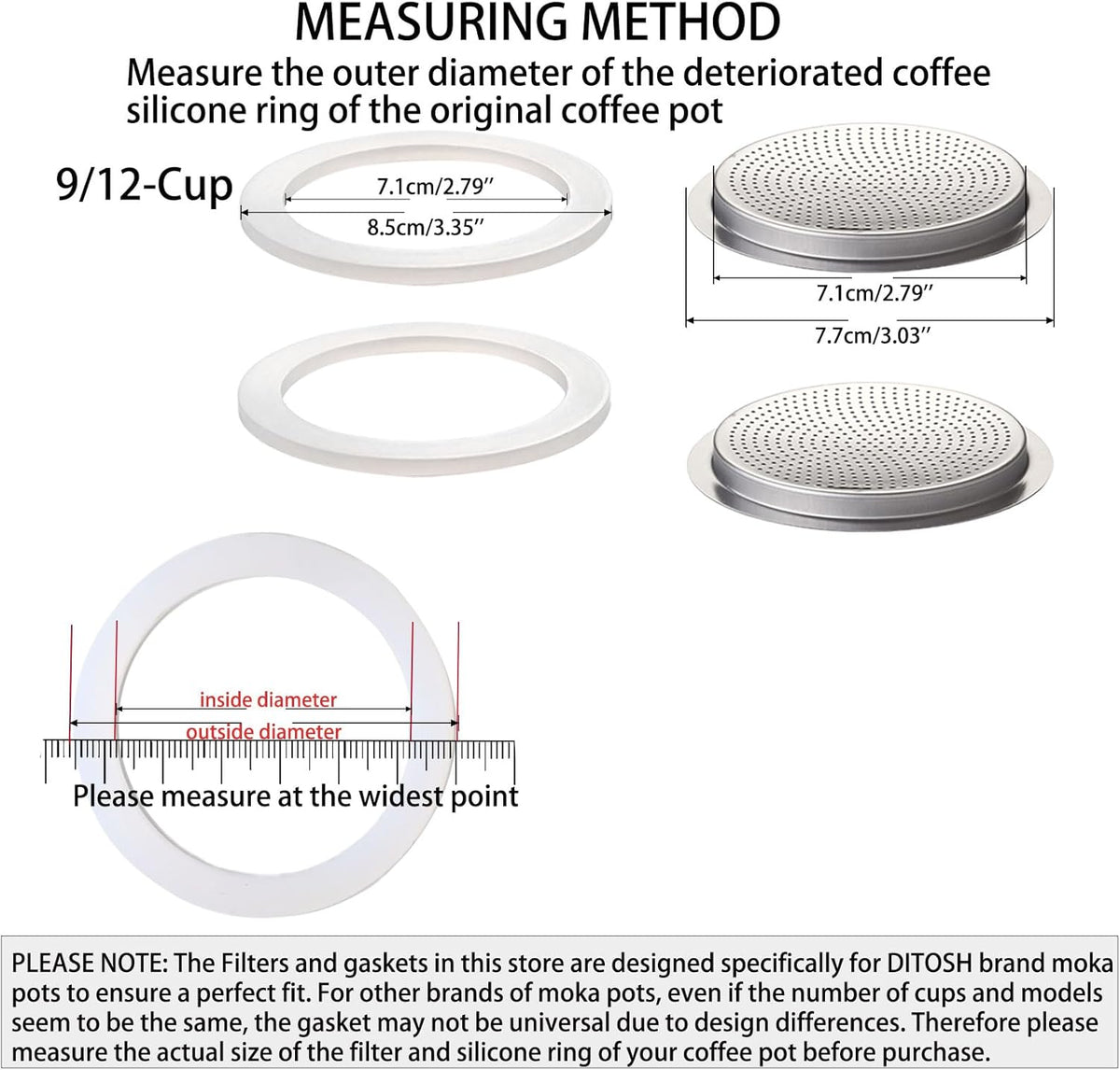 2 Pcs Filter with 3 Pcs Silicone Gasket Seals for 9 Cup 12 Cup Stovetop Espresso Coffee Maker Replacement Parts for Big Tummy and Straight Stainless Steel Moka Pot