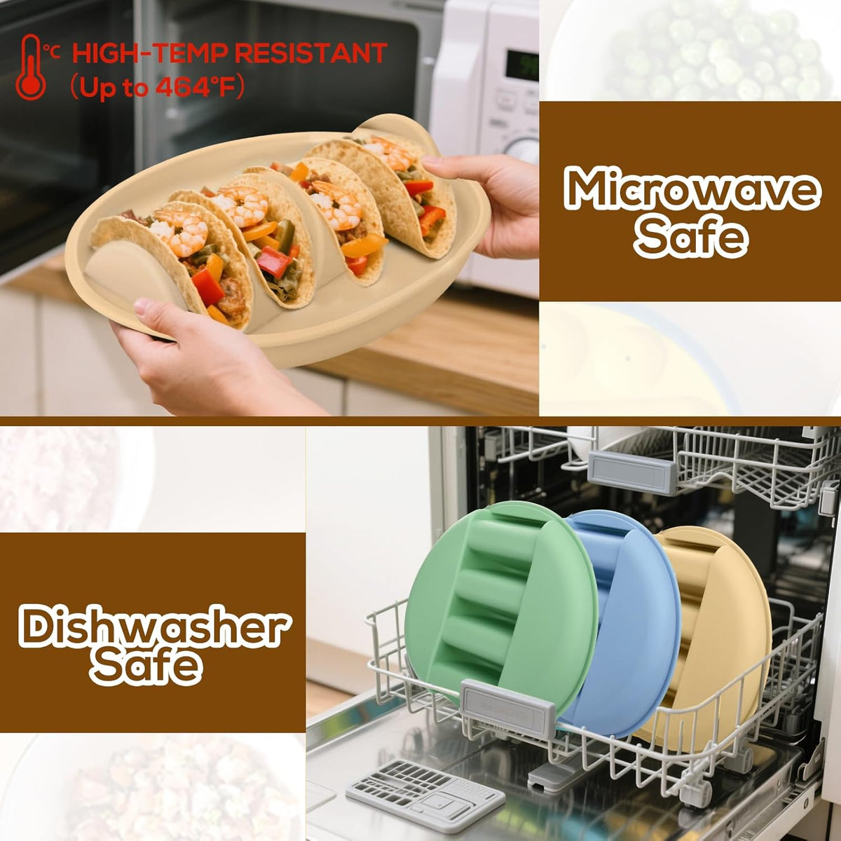 Silicone Taco Holder Plates Set of 4 - Reusable Taco Stand Plates with 4-Shell Slots, Oven/Microwave/Dishwasher Safe, Non-Slip Base for Tortillas Party Serving, Family Dinner & Meal Prep Accessories