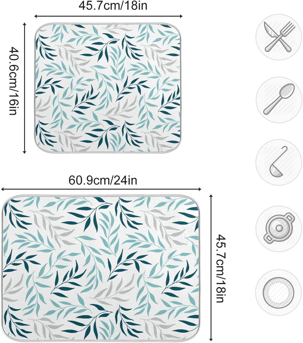 Blue Grey Olive Leaves Dish Drying Mat for Kitchen Counter Absorbent Microfiber Drying Pad, Medium 16x18 in, Reversible Drainer Mats