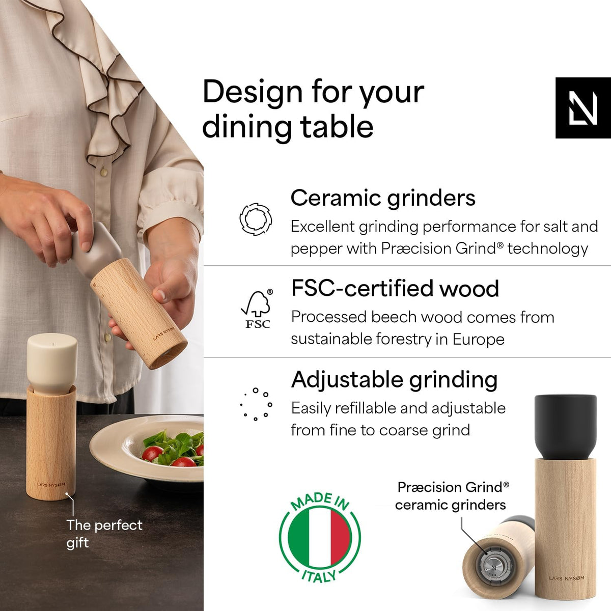 LARS NYSØM Wooden Salt and Pepper Grinder Set Manual - Salt and Pepper Mills with Adjustable Ceramic Grinder - Elegant Beechwood Pepper and Salt Mill Set for Dining Table (Carbon Black)