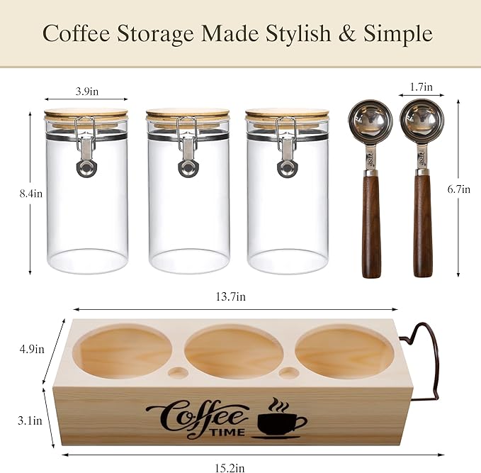 Glass Coffee Canister Set with Shelf & Spoons 3 Piece Coffee Containers for Ground Coffee Coffee Bean Storage Airtight Seal, Coffee Bar Coffee Filter Holder for Kitchen Organization