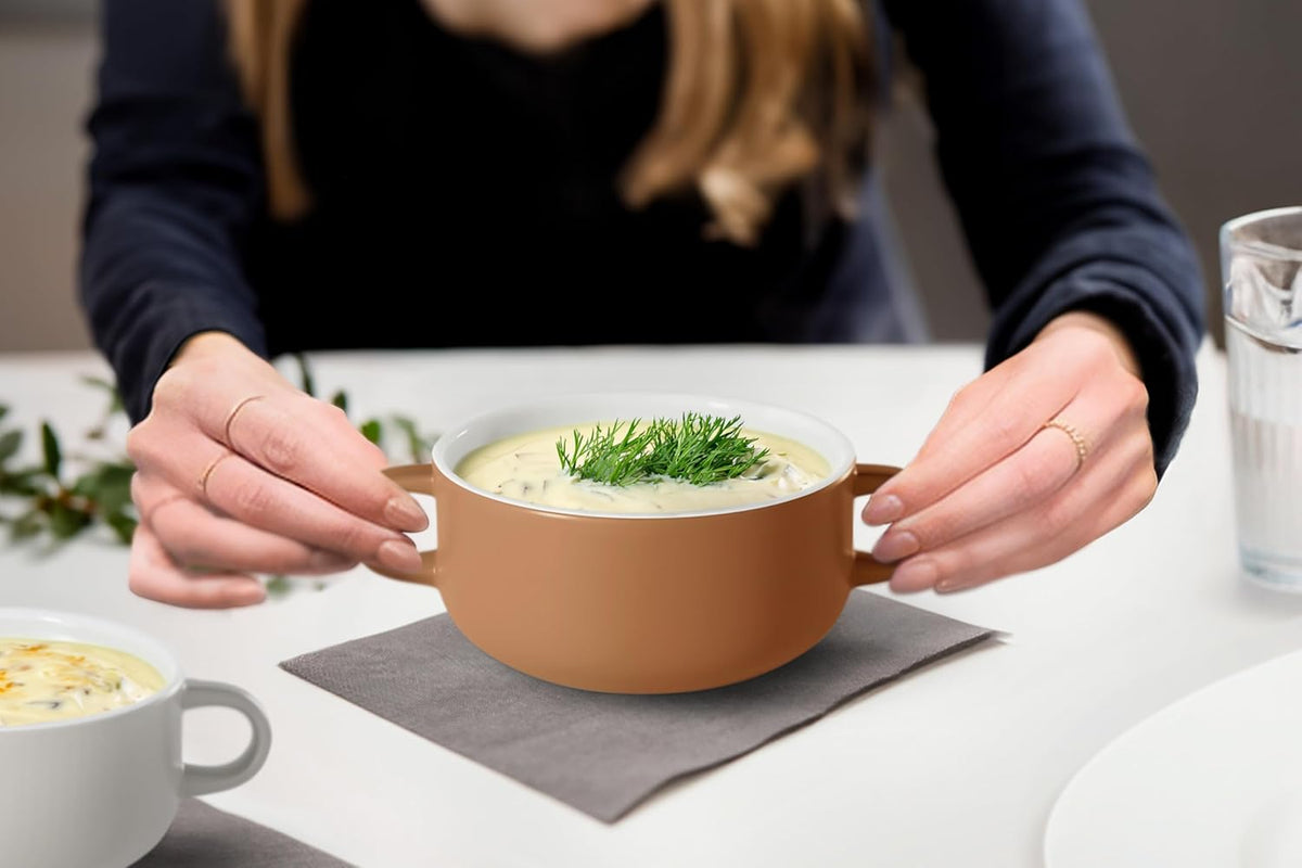 Kook Soup Crocks, Ceramic Bowls, Broil, Oven, Microwave and Dishwasher Safe, with Handles, For Casserole, Pasta, Cereal, 18 oz, Set of 4 (Caramel)