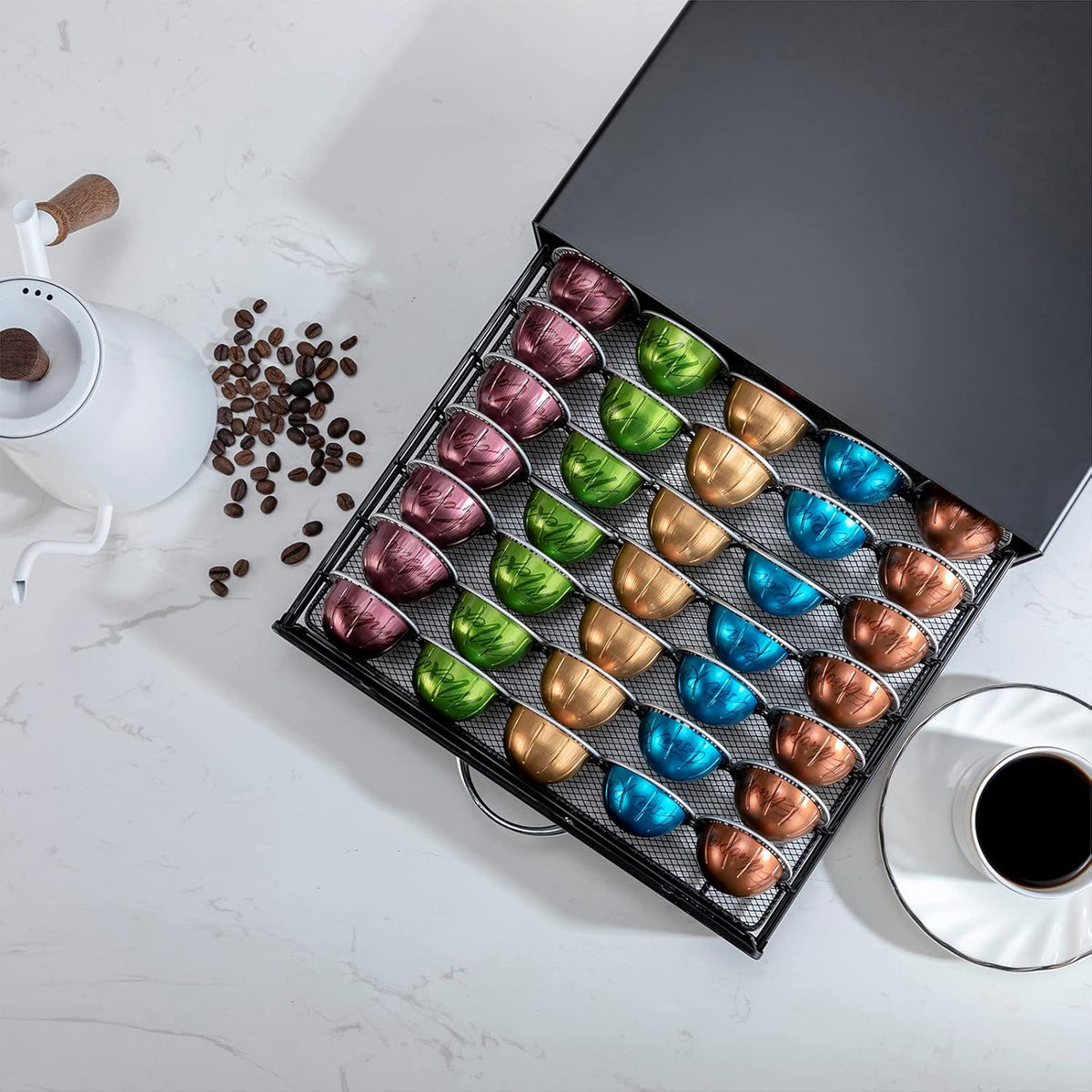 ZCDCP Nespresso Pod Holder Vertuo pod Storage Drawer Black Metal Coffee Pod Holder for Vertuoline Capsule Orgainzer 50 Pods
