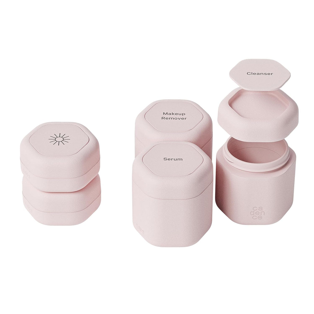 Cadence Travel Containers - Core Skincare Set - Magnetic Containers with Lids,2 Small (0.56oz) & 3 Medium (1.32oz) - Cleanser, Moisturizer, Serum, Makeup Remover & Sun Icon Labels - Petal
