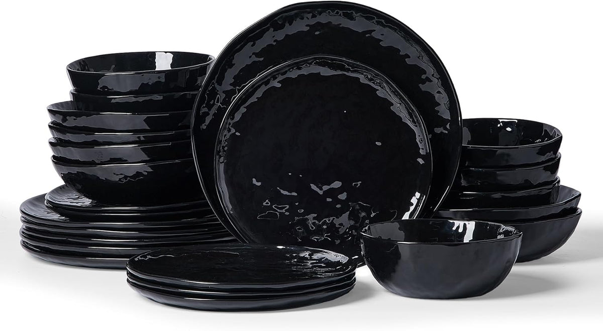 Famiware Porcelain kitchen plates and bowls set, Modern dishes set for 6, Handmade Wave Edge Dinnerware Sets, Microwave and Dishwasher Safe Tableware, Glossy-black (24pc)