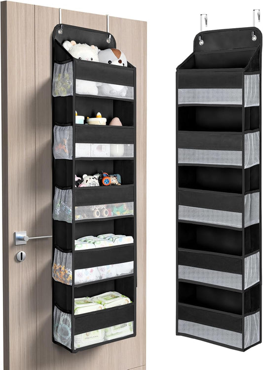Yecaye 1 Pc Over the Door Organizer with 5 Bins 10 Side Pockets, 44lbs Load Hanging Bathroom and Bedroom Organizer, behind the Door Hanging Organizers for Nursery Newborn Baby Essential Stuff Black