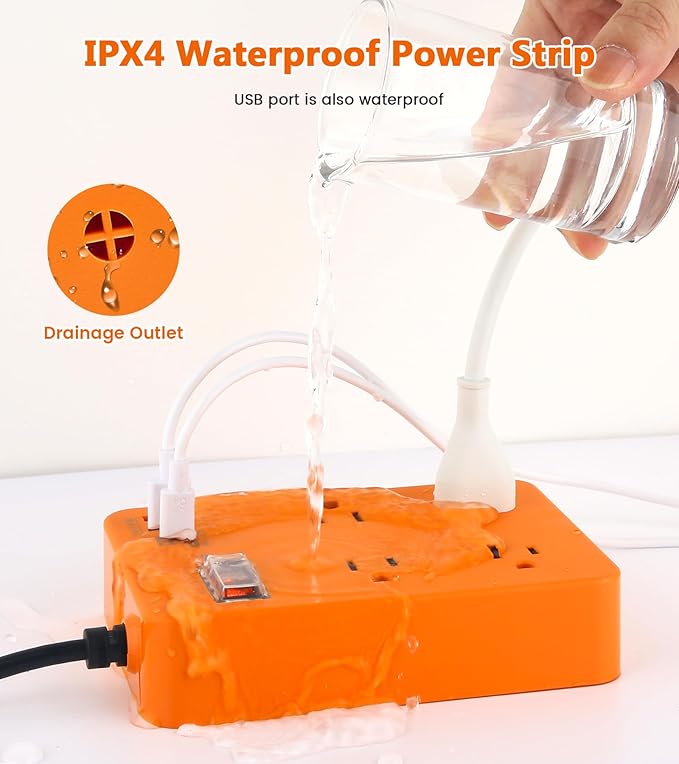 Outdoor Power Strip Weatherproof,Fast Charging Station 20W USB C,Waterproof Surge Protector 4 Outlets, Multi Outlet Extension for Camping, Garden, Kitchen,Bathroom,Flat Plug (Orange, 10 FT Cable)