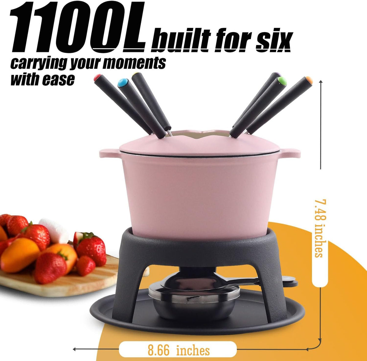 Artestia Cast Iron Cheese Fondue Pot Set for Chocolate Swiss Fondue Set Camping Fondue Set with 6 Fondue Forks, 11-Piece Cheese Fondue Set Serve 6 Persons (Pink)