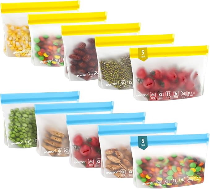 IDEATECH 10Pack Reusable Snack Bags Dishwasher Safe, Leakproof Reusable Freezer Bags, Food Freezer Storage Bags, Clear Small Resealable Baggies for Cookies, Candy (10Snack, Colored)