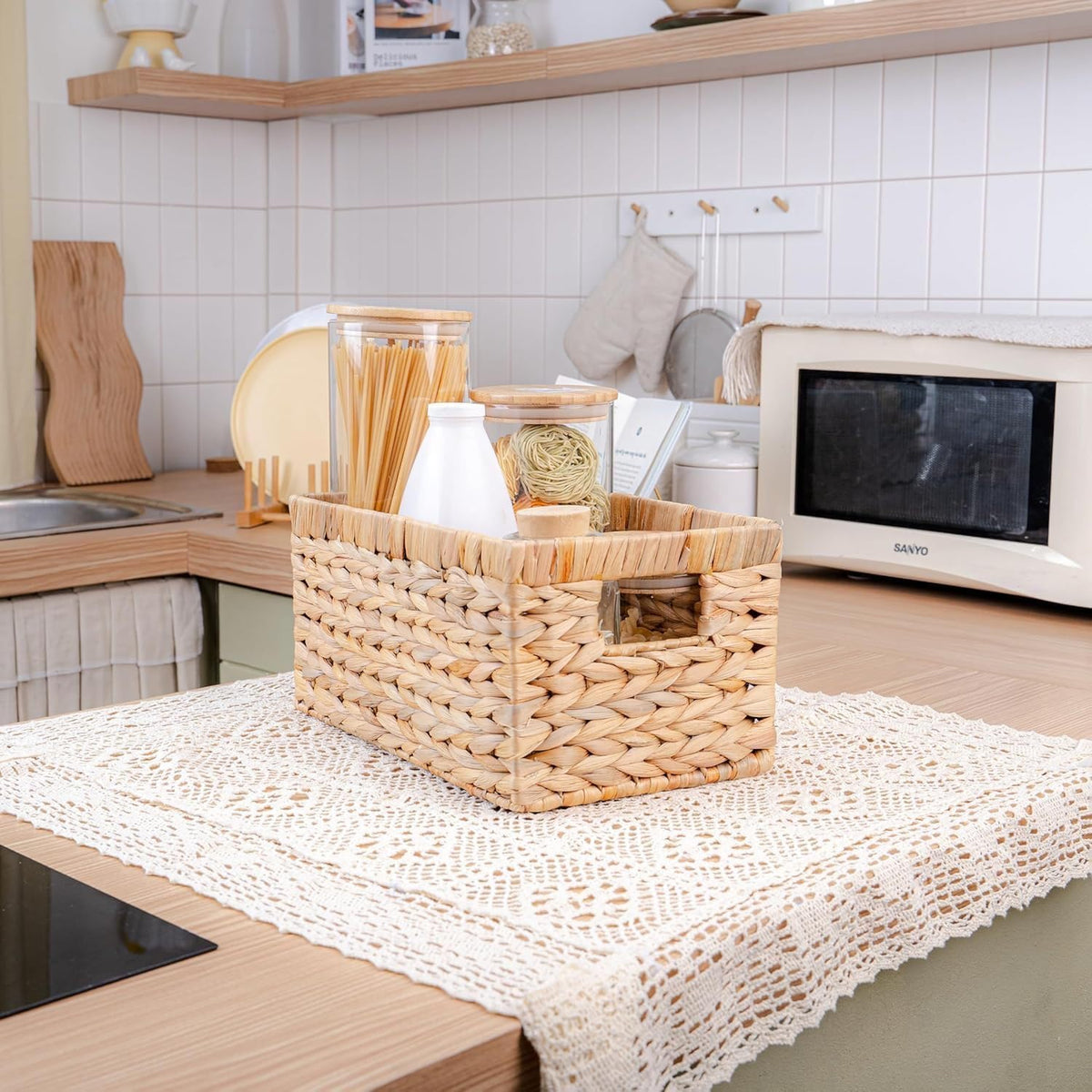 4PCS Handwoven Water Hyacinth Storage Basket Set - Natural Wicker Baskets with Handles for Bathroom, Kitchen, Pantry, Bedroom, and Living Room Organization