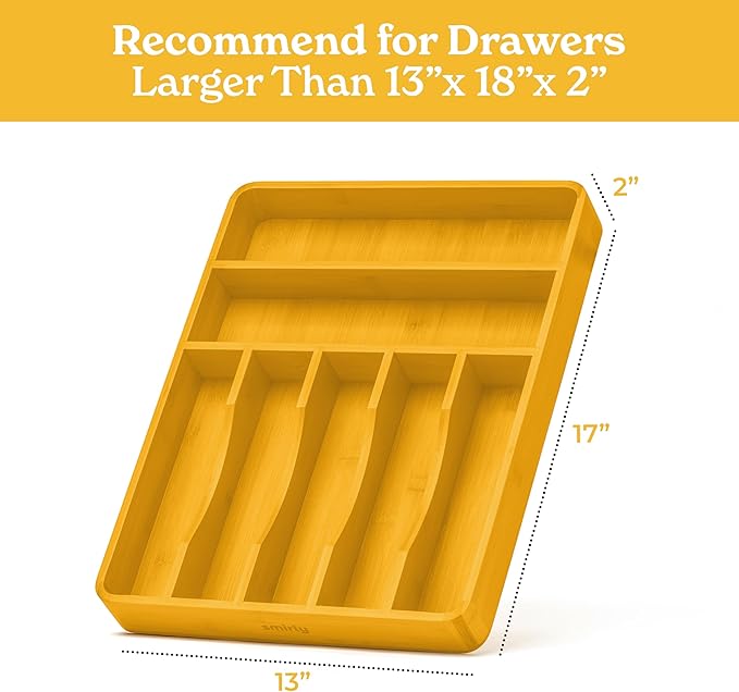 SMIRLY Silverware Drawer Organizer – Bamboo Kitchen Drawer Organizer, Adjustable Utensil Holder and Cutlery Tray, Drawer Dividers for Flatware and Kitchen Utensils