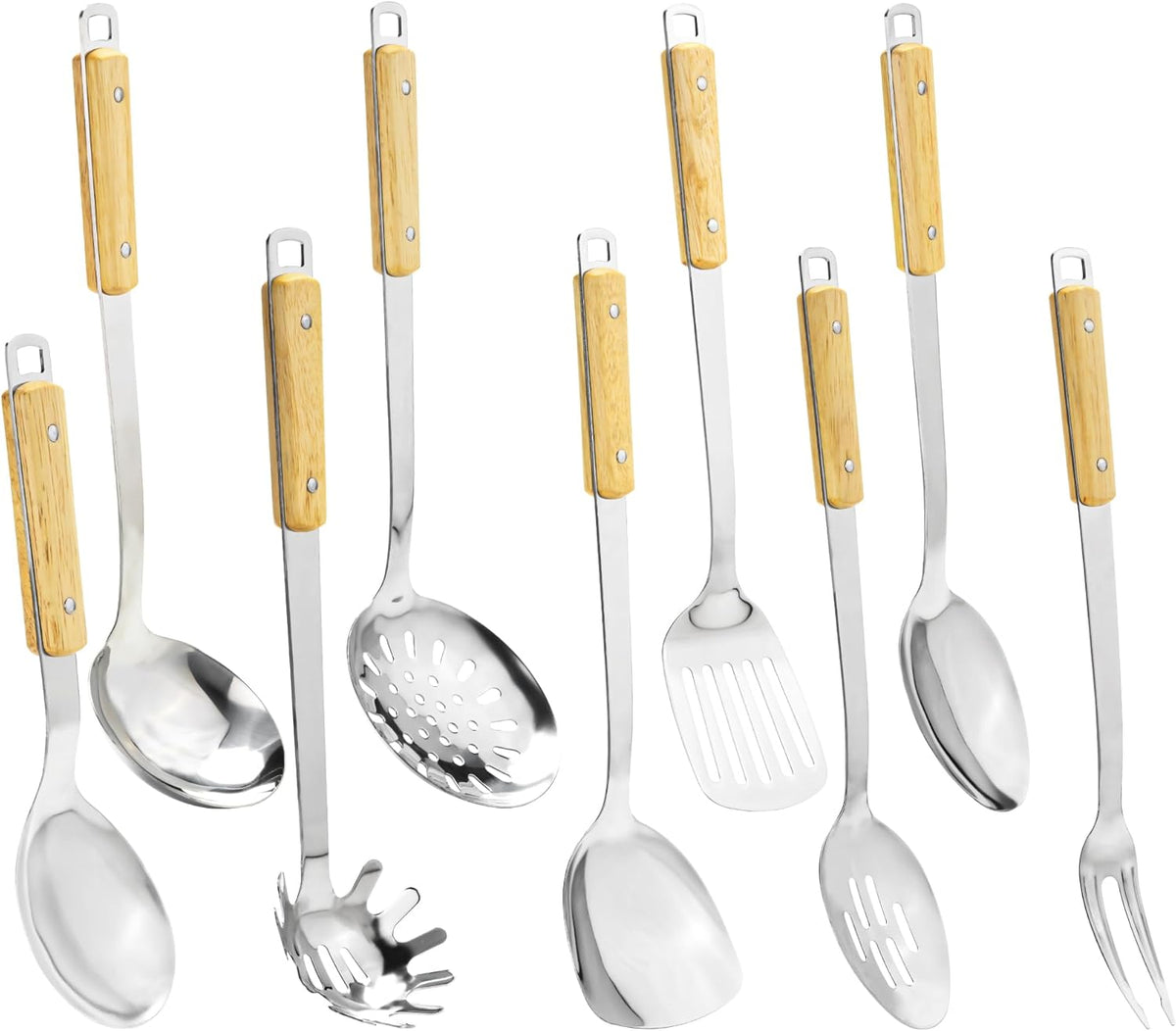 FJNATINH Cooking Utensils Set with Wood Handle, 9 Pieces Wok Utensils Tools - Wok Accessories Cookware Set