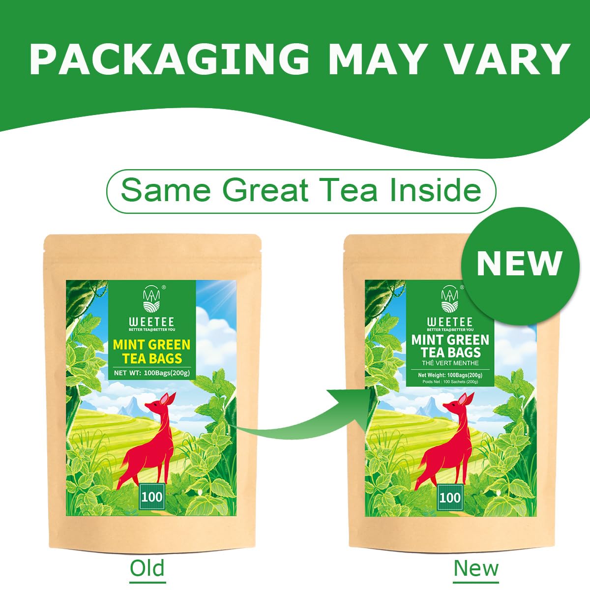 WT WEETEE Mint Green Tea Bags, 100 Count, Perfect blend of Green Tea, Peppermint, Spearmint, Lemongrass, Lemon Balm, Low Caffeine Mint Medley Herbal Tea